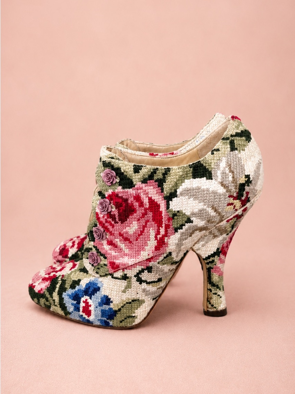 Dolce & Gabbana Floral Embroidered Rose-Accent High Heel Bootie, Eu 40